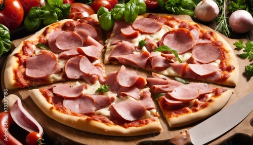 A pizza with ham and cheese on a wooden platter