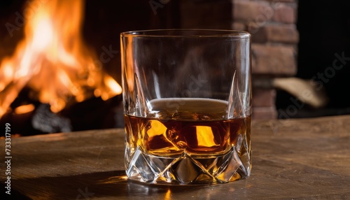 A glass of whiskey on a table in front of a fireplace