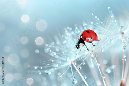 close up view of a ladybug on dandelion with water drops on blue sky background