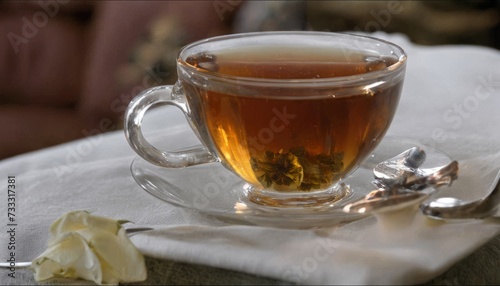 A cup of tea with a spoon and a rose petal