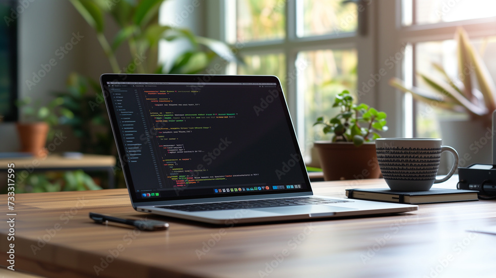 A minimalist setup with a laptop open on a clean desk, screen showcasing elegant abstract programming code, simple icons of a company network subtly integrated. A minimalist setup with a laptop open on a clean desk, screen showcasing elegant abstract programming code, simple icons of a company network subtly integrated.
