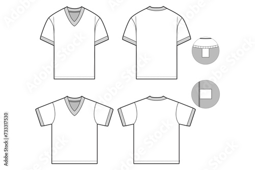 retrov-neck top t-shirt flat technical drawing illustration short sleeve with binding collar blank streetwear mock-up template for design and tech packs women
