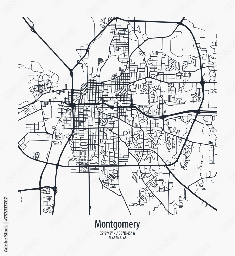 vector map of the city, Montgomery, Alabama, state of the United States for home walls and posters