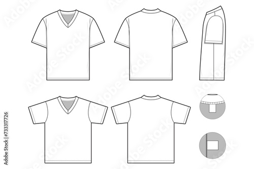 V-neck regular fit t-shirt flat technical drawing illustration short sleeve blank streetwear mock-up template for design and tech packs men or unisex