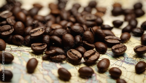 A pile of coffee beans on a map