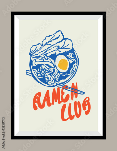 Ramen hand drawn illustration in a poster frame for wall art gallery. Matisse style.