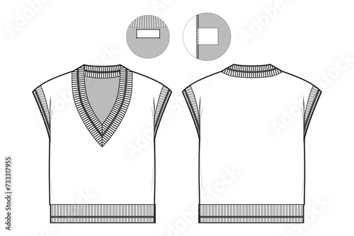 collegiate v neck sweater flat technical drawing illustration mock-up template for design and tech packs men or unisex fashion CAD streetwear women.