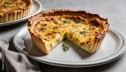 A slice of cheese quiche on a white plate