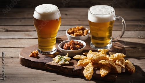 Two glasses of beer and a bowl of snacks