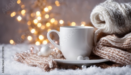 A white coffee cup on a plate with a brown blanket and a sprinkle of snow