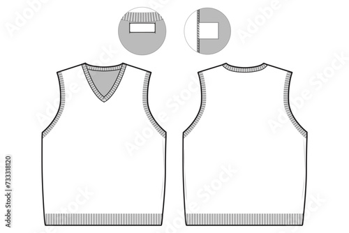 v-neck sweater vest flat technical drawing illustration mock-up template for design and tech packs men or unisex fashion CAD streetwear women.