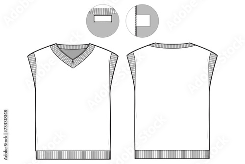 v-neck sweater vest flat technical drawing illustration mock-up template for design and tech packs men or unisex fashion CAD streetwear women.
