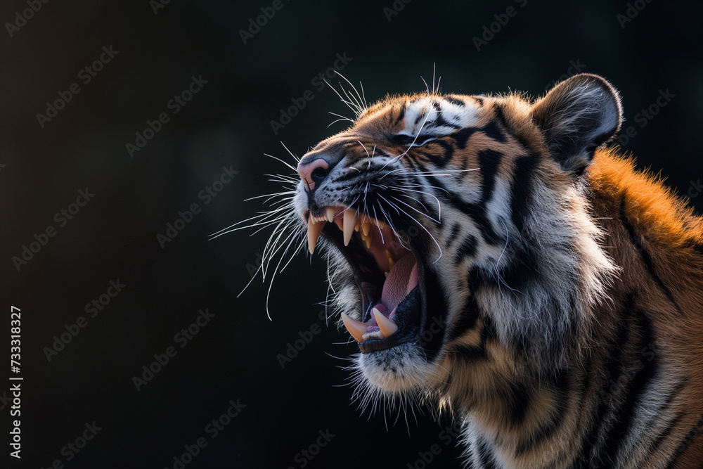 portrait of tiger face,roaring,closeup,dynamic lighting,telephoto lens 70-200mm,f3.2,animal ohitigraphy