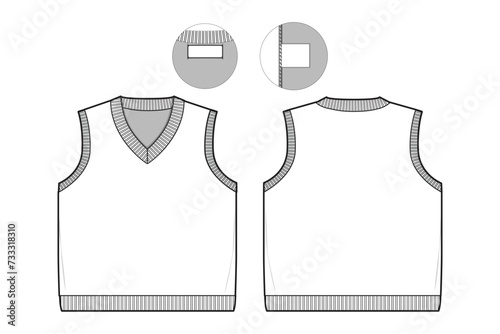 v neck sweater vest flat technical drawing illustration mock-up template for design and tech packs men or unisex fashion CAD streetwear women.