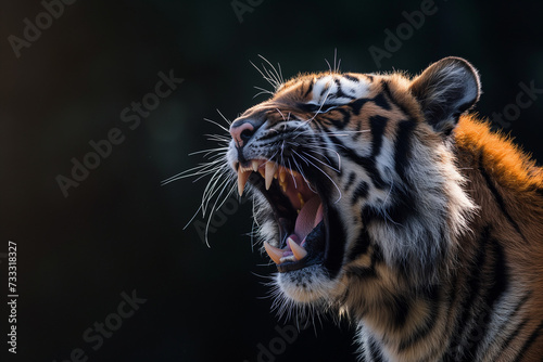 portrait of tiger face,roaring,closeup,dynamic lighting,telephoto lens 70-200mm,f3.2,animal ohitigraphy © KN Studio