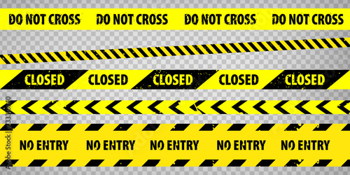 Black and yellow closed stripe border, construction, danger caution tapes set. Set of danger caution grunge tapes.  Warning signs for your  design on transparent background. EPS10