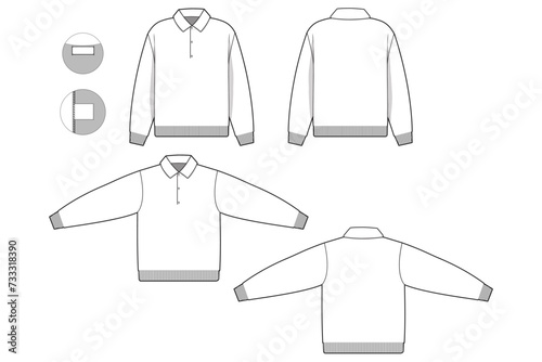 collared sweater flat technical drawing illustration mock-up template for design and tech packs men or unisex fashion CAD streetwear women.