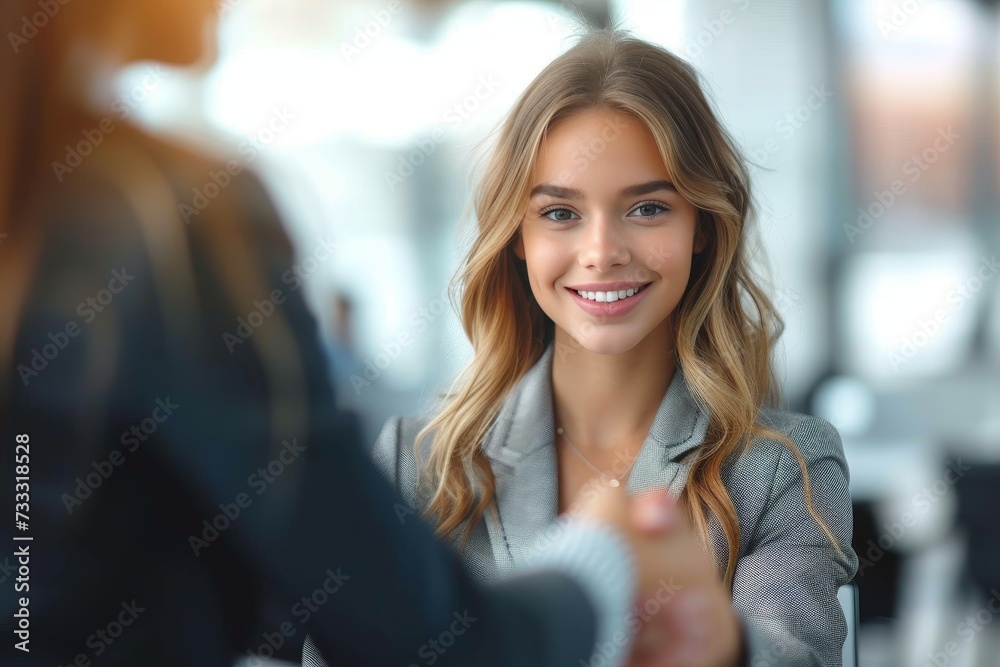 Two stylish women share a warm smile and bond over their shared strength and confidence as they shake hands in a cozy indoor setting Two stylish women share a warm smile and bond over their shared strength and confidence as they shake hands in a cozy indoor setting