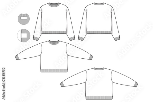 cropped Oversized crewneck sweater flat technical drawing illustration mock-up template for design and tech packs men or unisex fashion CAD streetwear women baggy loose