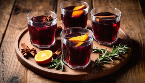 Four glasses of wine with oranges and cinnamon sticks