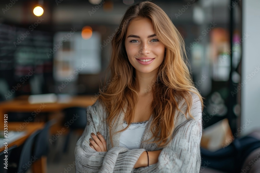 A confident woman exudes grace and poise as she stands with crossed arms, her long brown hair cascading down her layered clothing, a bright smile gracing her face while she leans against a chair at a