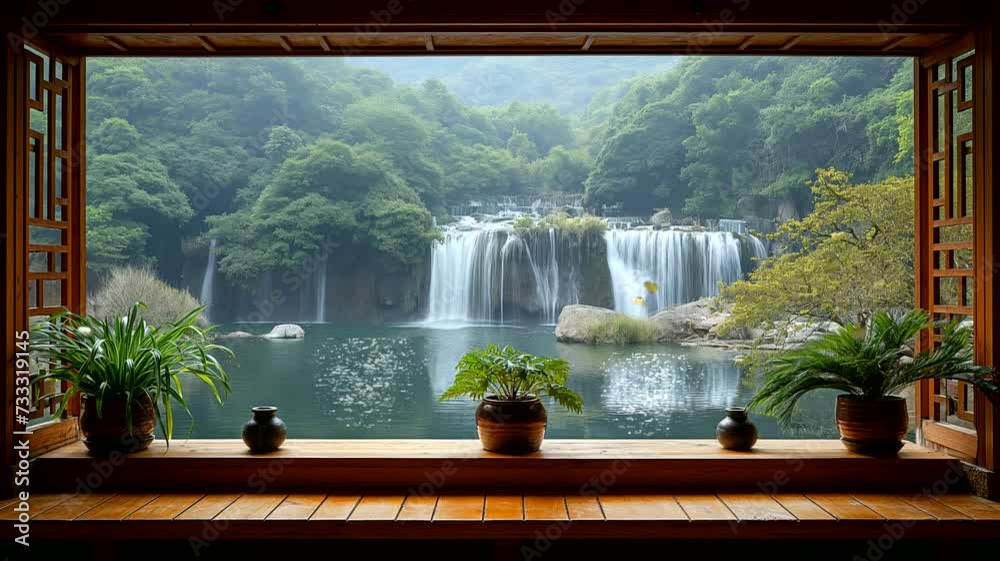 Waterfall in the forest viewing from home. Seamless looping time lapse 4k video animation background