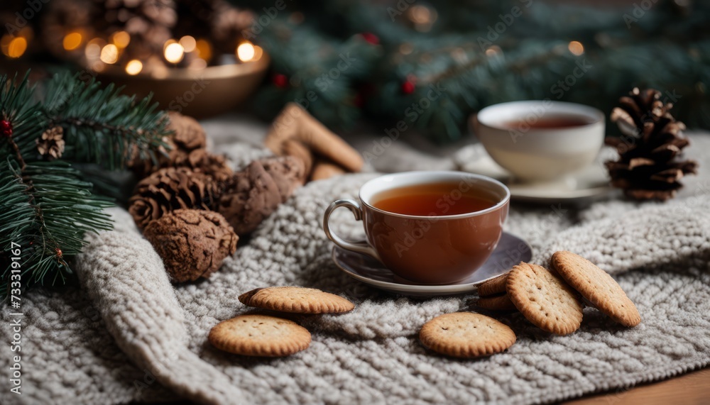 A table with two cups of tea and cookies A table with two cups of tea and cookies