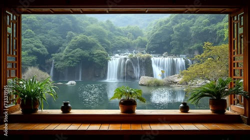 Waterfall in the forest viewing from home. Seamless looping time lapse 4k video animation background