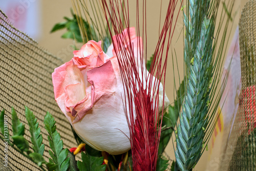 photo for sant Jordi's day, international book day and public holiday in catalonia, poster copy space, detail of the different designs of roses to give as gifts photo