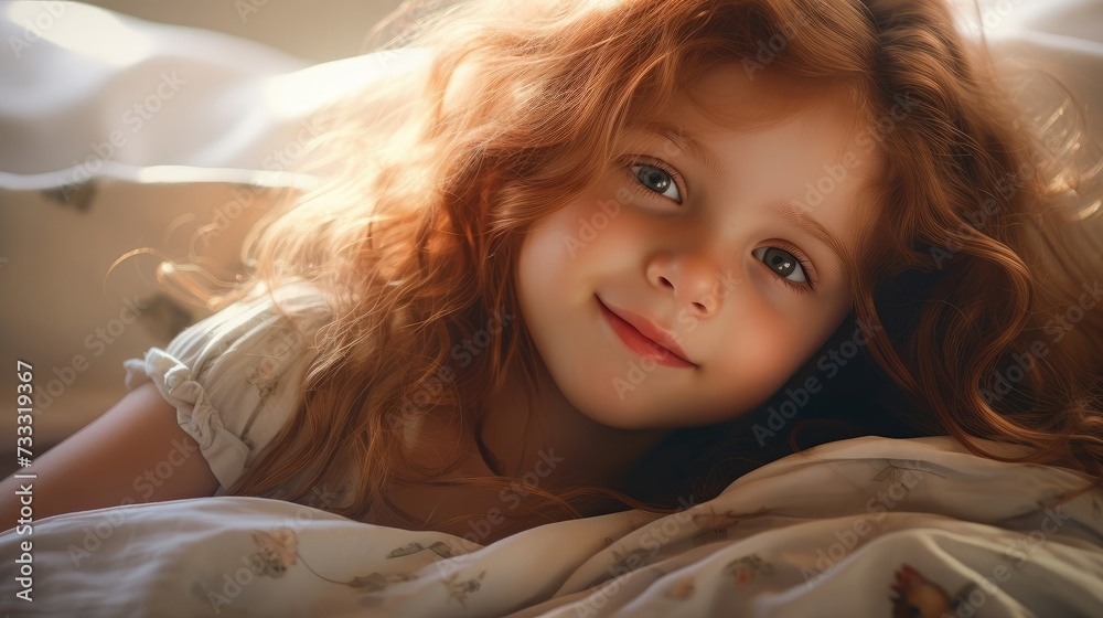 beautiful child looking at the camera while lying on the bed beautiful child looking at the camera while lying on the bed