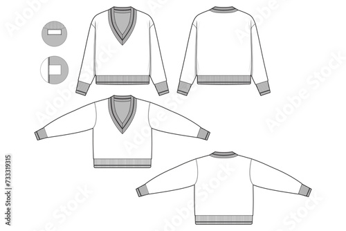 deep v-neck collegiate Oversized crewneck sweater flat technical drawing illustration mock-up template for design and tech packs men or unisex fashion CAD streetwear women baggy loose