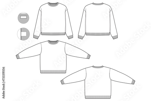 Oversized crewneck sweater flat technical drawing illustration mock-up template for design and tech packs men or unisex fashion CAD streetwear women baggy loose