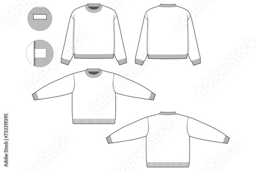 Oversized crewneck sweater flat technical drawing illustration mock-up template for design and tech packs men or unisex fashion CAD streetwear women baggy loose