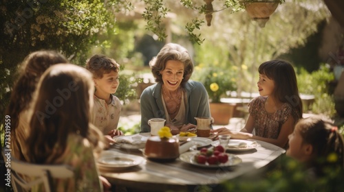 Happy senior grandma and kids enjoying outdoor dinner party with food  drinks  and laughter