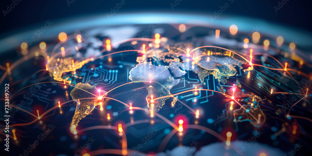 Abstract digital world map, concept of global network and connectivity, artificial general intelligence, high speed data transfer and cyber technology, information exchange and telecommunication - obrazy, fototapety, plakaty 
