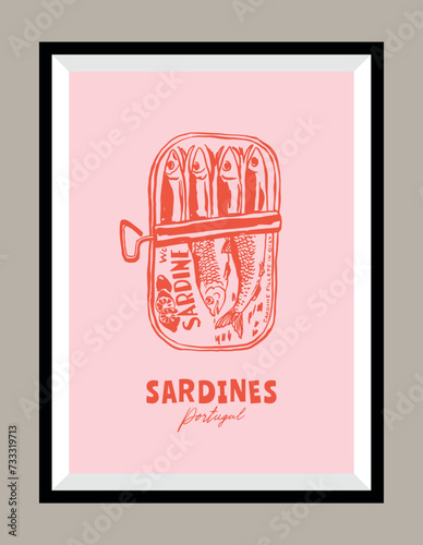 Sardines hand drawn illustration in a poster frame for wall art gallery
