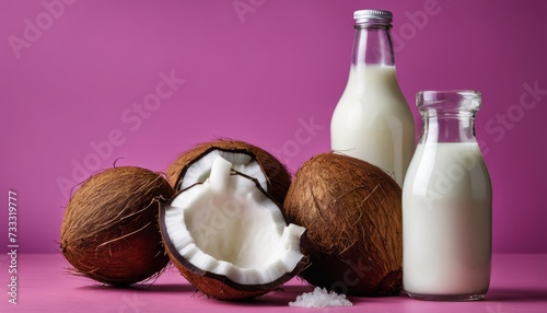 A bottle of milk and a bottle of coconut milk photo