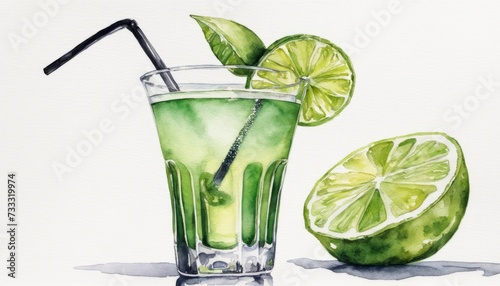 A glass of green liquid with a lemon wedge and a straw