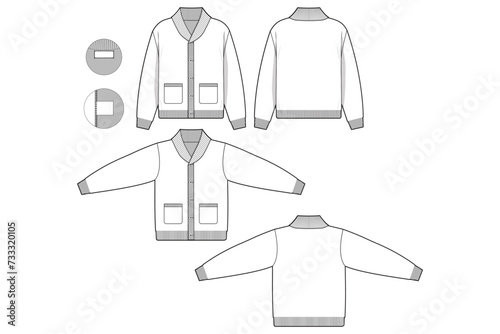 button shawl collar cardigan sweater flat technical drawing illustration mock-up template for design and tech packs men or unisex fashion CAD streetwear women.