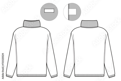 slim fit turtleneck sweater flat technical drawing illustration mock-up template for design and tech packs men or unisex fashion CAD streetwear women.