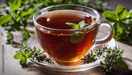 A cup of tea with mint leaves on top
