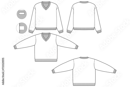 Oversized v-neck sweater flat technical drawing illustration mock-up template for design and tech packs men or unisex fashion CAD streetwear women.