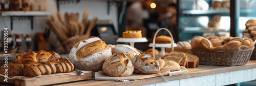 Assortment of Freshly Baked Breads and Pastries at a Bakery Display