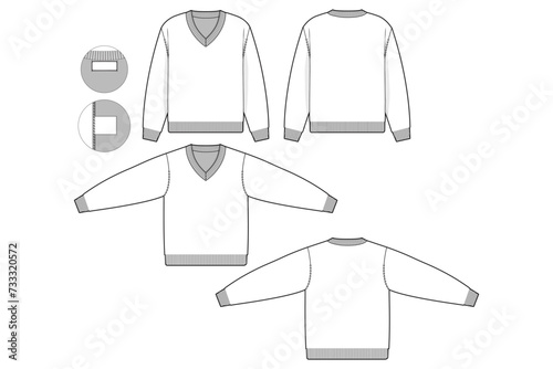 v-neck sweater flat technical drawing illustration mock-up template for design and tech packs men or unisex fashion CAD streetwear women slim fit