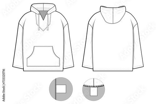 baja rug hoodie sweatshirt zip flat technical drawing illustration mock-up template for design and tech packs men or unisex fashion CAD streetwear baggy loose oversized