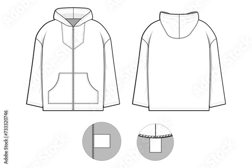 baja rug zip hoodie sweatshirt zip flat technical drawing illustration mock-up template for design and tech packs men or unisex fashion CAD streetwear baggy loose oversized