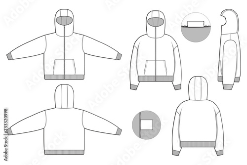 balaclava hoodie sweatshirt zip flat technical drawing illustration mock-up template for design and tech packs men or unisex fashion CAD streetwear baggy loose oversized