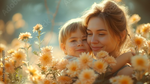 Loving Mother Embracing Her Child Among Blooming Flowers on a Sunny Mothers Day