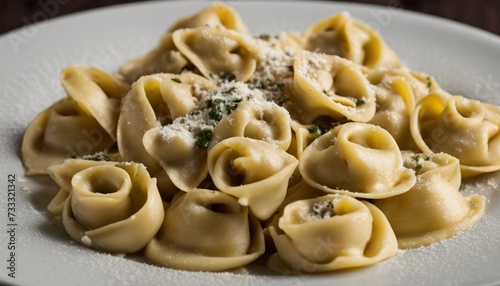 A white plate with pasta and cheese