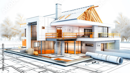 Building house on blueprints - construction project of a modern house